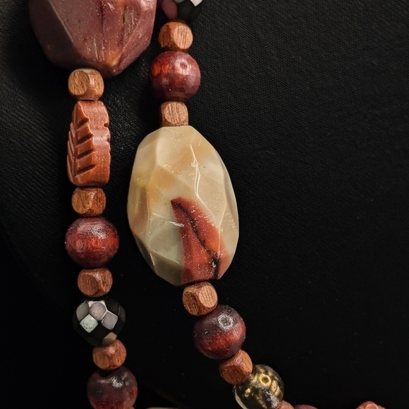 LONG Natural Stone, Wood, and Glass Beaded Necklace - Picture 3 of 10